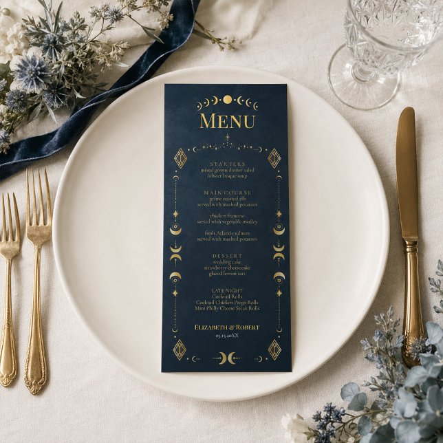 Celestial Gothic Midnattsblå Guld Bröllopsmeny Meny (Celestial Gothic Midnight Blue Gold Wedding Menu)