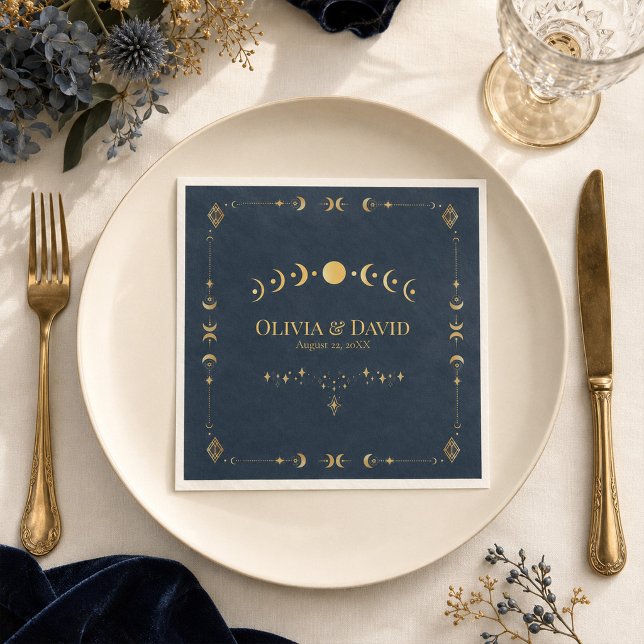 Celestial Gothic Midnattsblå Guld Bröllopsservett Pappersservett (Celestial Gothic Midnight Blue Gold Wedding Napkin)