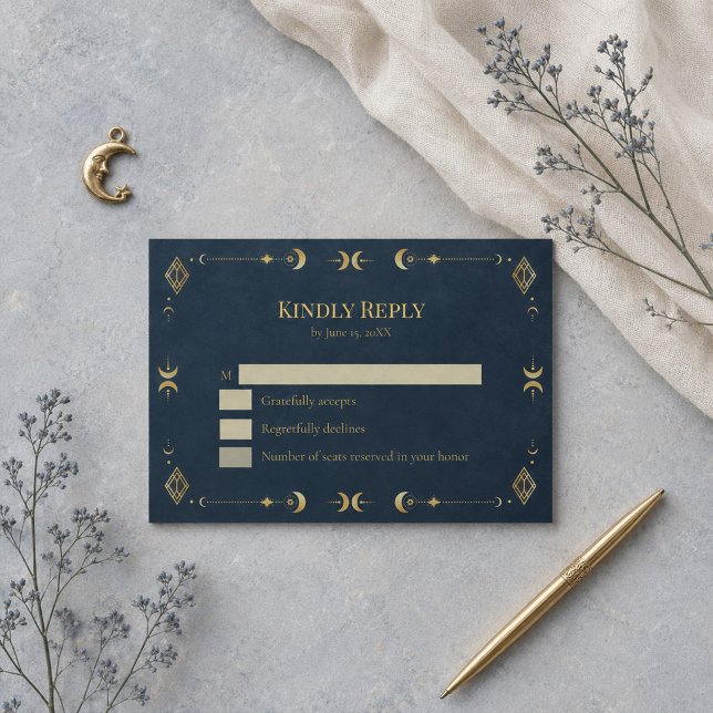Celestial Gothic Midnight Blue Guld Bröllop RSVP OSA Kort (Celestial Gothic Midnight Blue Gold Wedding RSVP Card)