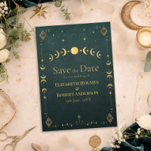 Celestial Gothic Mörk Teal Bröllop Spara datumet
