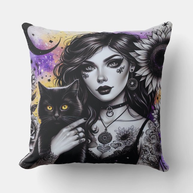 Celestial Gothic Witch och Black Cat Kudde (Framsida)