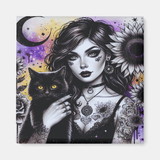 Celestial Gothic Witch och Black Cat Magnet