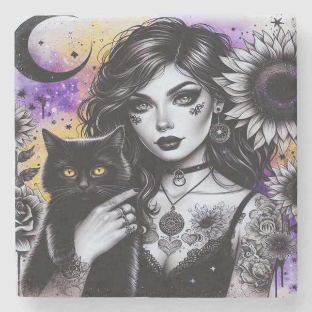 Celestial Gothic Witch och Black Cat Stenunderlägg (Framsidan)