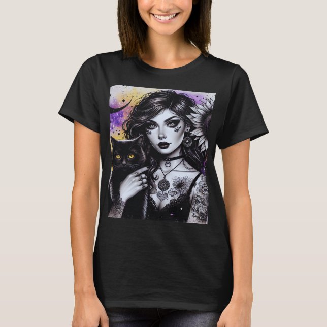 Celestial Gothic Witch och Black Cat T Shirt (Framsida)