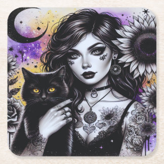 Celestial Gothic Witch och Black Cat Underlägg Papper Kvadrat