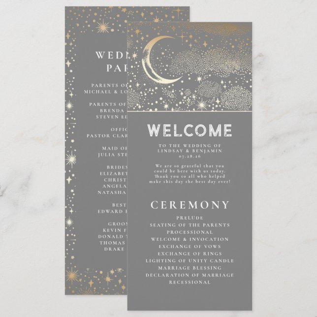 Celestial Grått- och Guld-Bröllopsprogram Program (Fram/baksida)