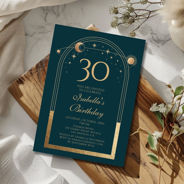 Celestial Grönt Guld Måne Stars 30års födelsedag Inbjudningar (Skapare uppladdad)