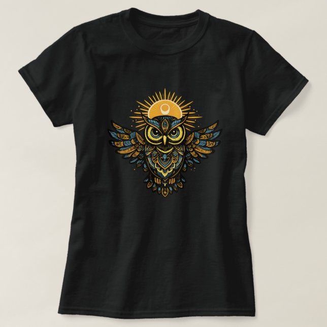Celestial Guardian Owl Sun Halo Folk Art T Shirt (Design framsida)