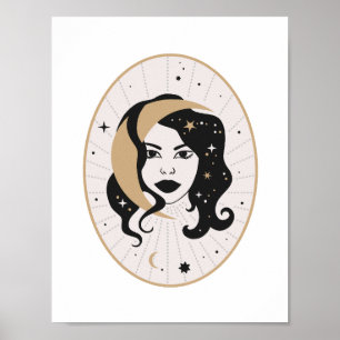 Celestial Gudinned Moon Face Magiska Stjärnor Myst Poster