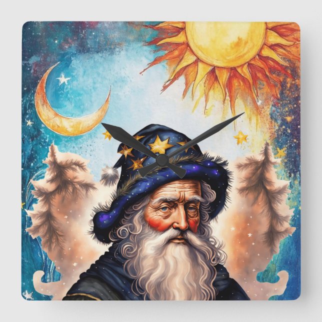 Celestial-guiden Sol och Måne Fyrkantig Klocka (Framsida)