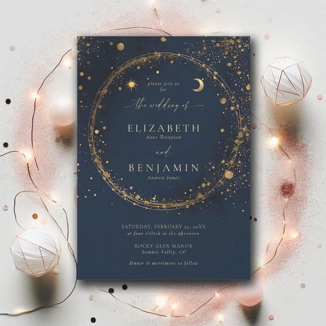 Celestial Guld Dust Midnight Blue Elegant bröllop Inbjudningar (celestial wedding invitation modern classic elegant midnight blue gold dust)