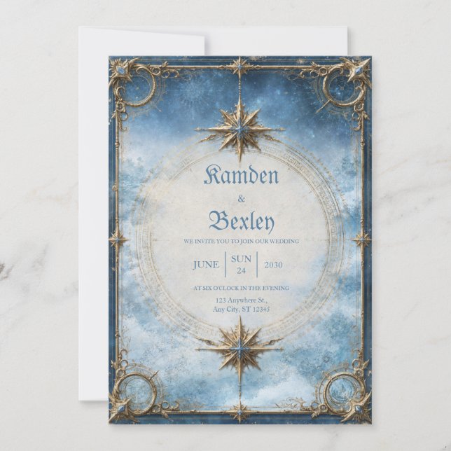 Celestial Guld Kompass Bröllop Inbjudningar (Framsida)