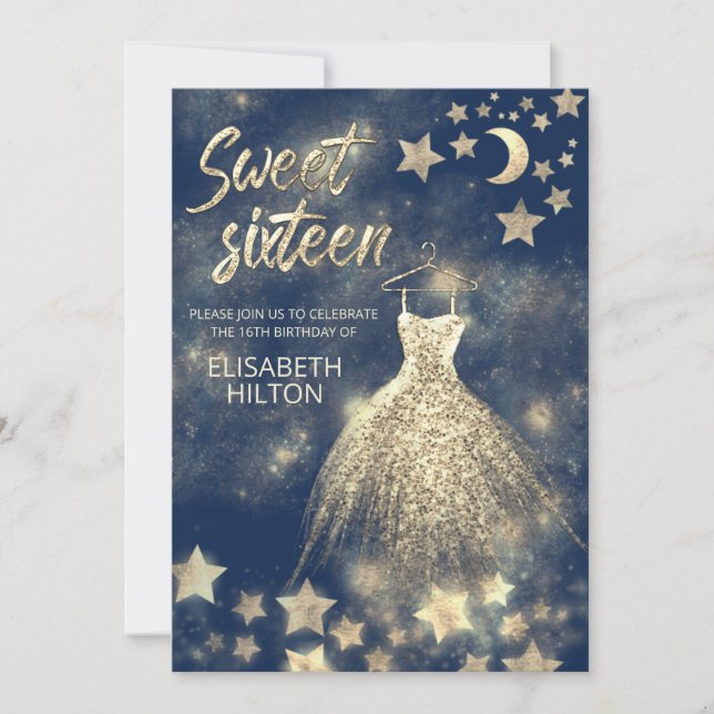 Celestial guld måne och stjärnorna sweet sixteen inbjudningar (Framsida)