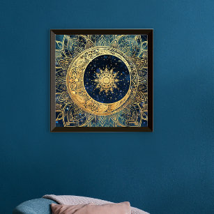 Celestial Guld Måne Sol Mandala Watercolor Nebula Poster