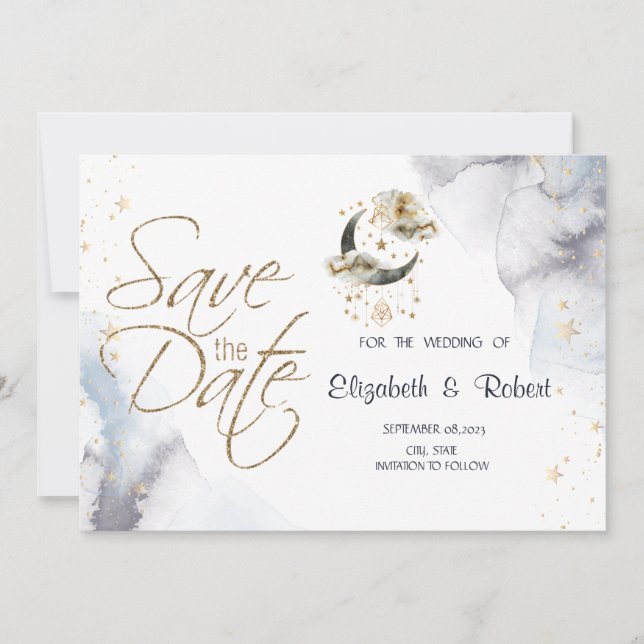 Celestial Guld Måne Stars Spara Datumet (Framsida)