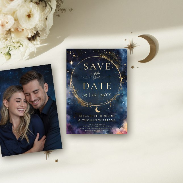Celestial Guld Midnight Blue Bröllop spara datum Datumet (celestial wedding save the date photo template watercolor starry night sky galaxy universe astrology)