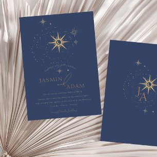 Celestial Guld och Navy Blue Stars Bröllop Inbjudningar