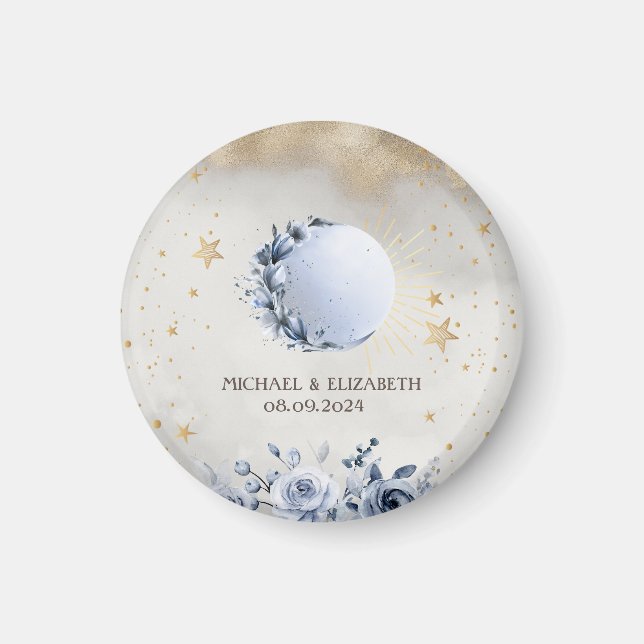 Celestial Guld Sol,Blå Måne Ro Guld Stars Magnet (Framsidan)