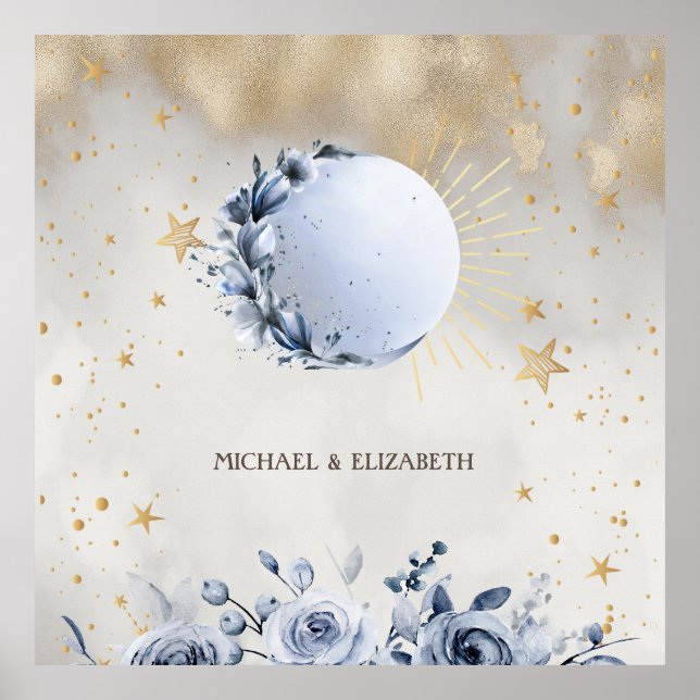 Celestial Guld Sol,Blå Måne Ro Guld Stars Poster (Framsidan)