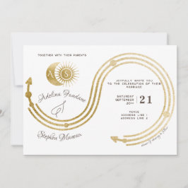 Celestial Guld Sol & Måne Monogram Vapensköld QR K Inbjudningar