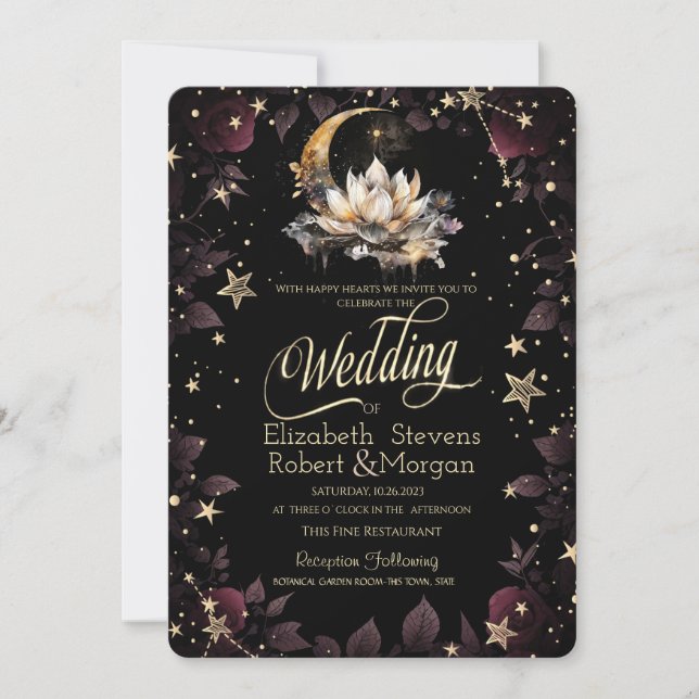 Celestial Guld Sol,Måne,Stars Ro Night Himlar Inbjudningar (Framsida)