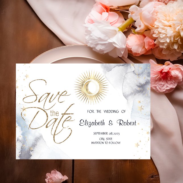 Celestial Guld Sol,Måne,Stars Spara Datumet (Skapare uppladdad)