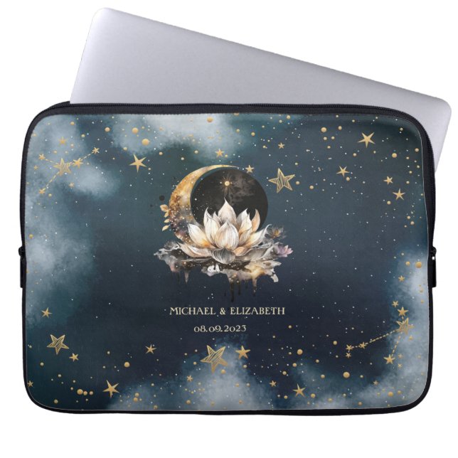 Celestial Guld Sol,Måne,Stjärnor Lotus Natt Himmel Laptop Fodral (Framsidan)