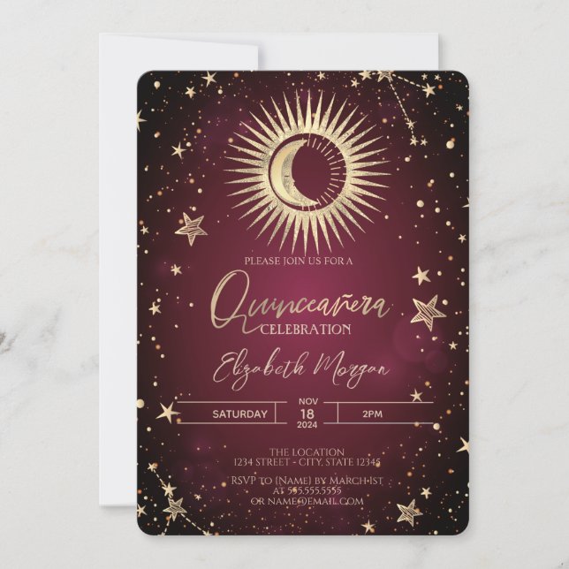 Celestial Guld Sol Måne Stjärnor Röd Quinceanera Inbjudningar (Framsida)