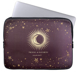 Celestial Guld Sol och Måne Stars Burgundy Laptop Fodral