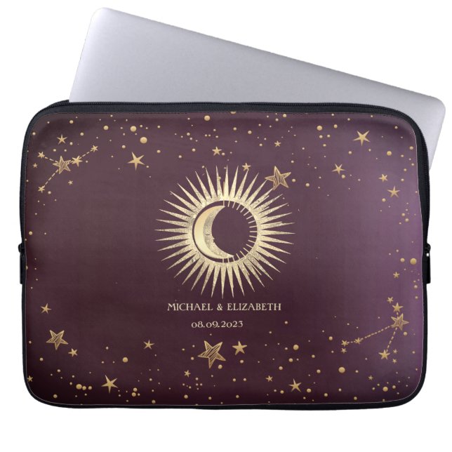 Celestial Guld Sol och Måne Stars Burgundy Laptop Fodral (Framsidan)