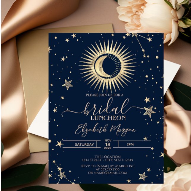 Celestial Guld Sol och Måne Stars Möhippa Luncheon Inbjudningar (Skapare uppladdad)