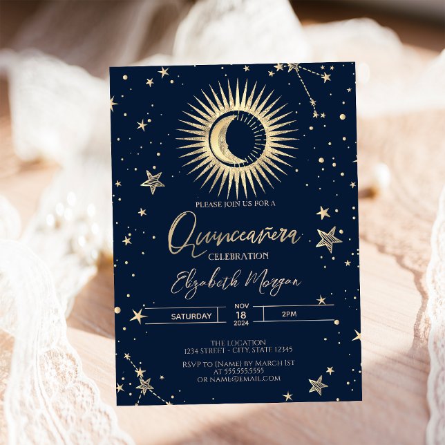 Celestial Guld Sol och Måne Stars Quinceanera Inbjudningar (Skapare uppladdad)