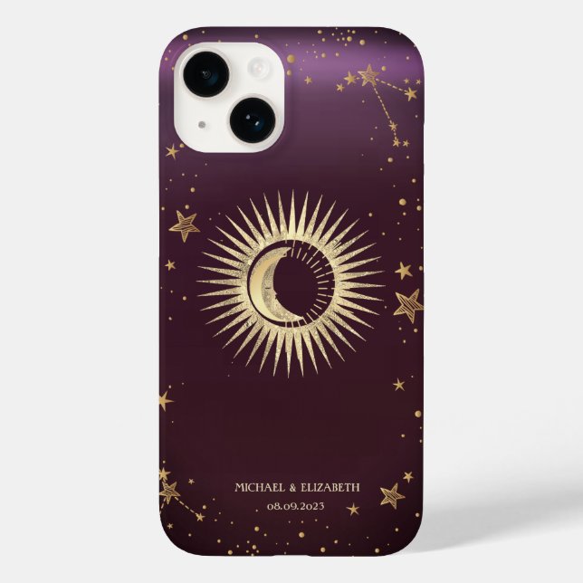 Celestial Guld Sol Och Måne Stjärnor Burgundy (Baksida)