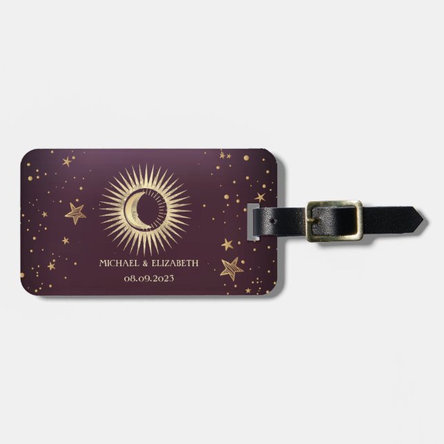 Celestial Guld Sol Och Måne Stjärnor Burgundy Bagagebricka (Horisontell Framsida)