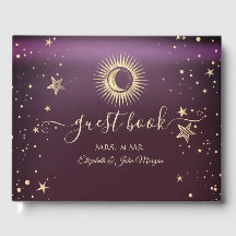 Celestial Guld Sol Och Måne Stjärnor Burgundy