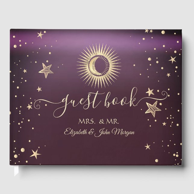 Celestial Guld Sol Och Måne Stjärnor Burgundy Gästböcker (Framsida)