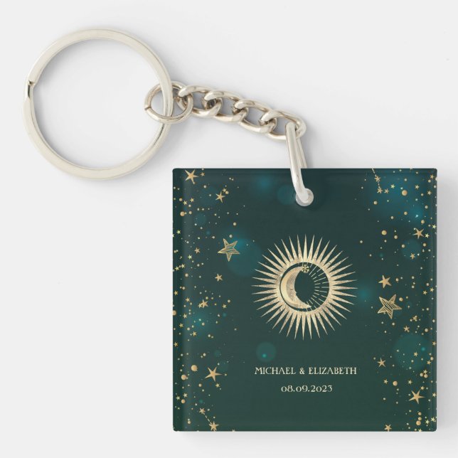 Celestial Guld Sol Och Måne Stjärnor Grön (Framsidan)