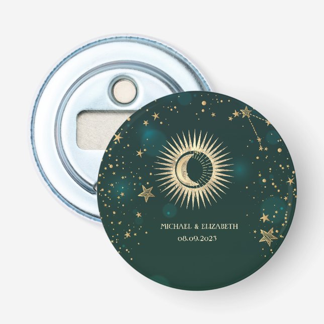 Celestial Guld Sol Och Måne Stjärnor Grön Flasköppnare (Framsidan)