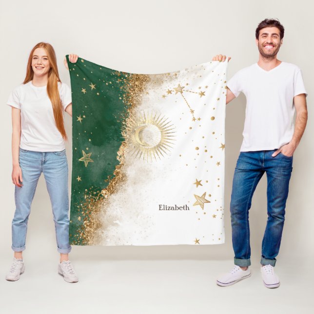 Celestial Guld Sol Och Måne Stjärnor Grön Fleecefilt (På plats)