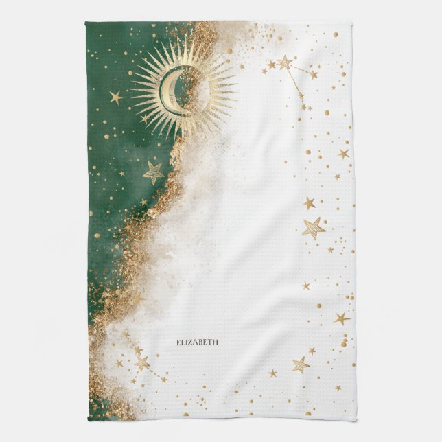 Celestial Guld Sol Och Måne Stjärnor Grön Kökshandduk (Vertikal)