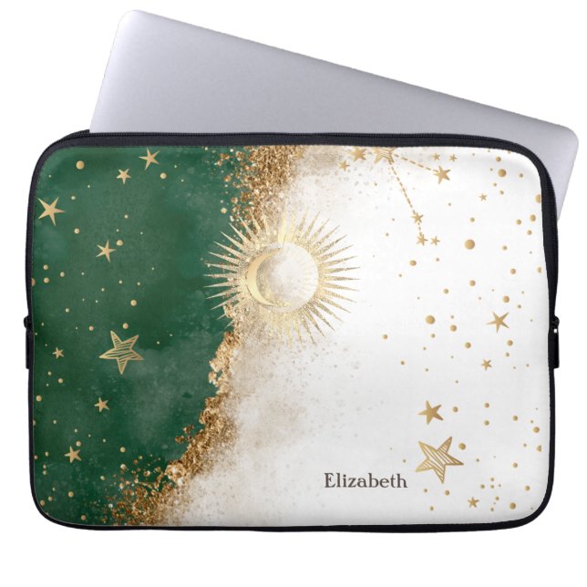 Celestial Guld Sol Och Måne Stjärnor Grön Laptop Fodral (Framsidan)
