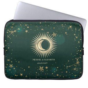 Celestial Guld Sol Och Måne Stjärnor Grön Laptop Fodral