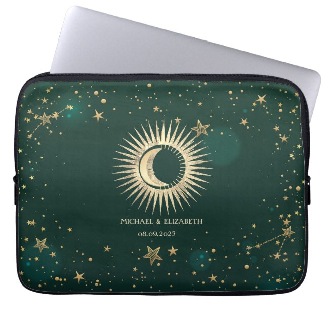 Celestial Guld Sol Och Måne Stjärnor Grön Laptop Fodral (Framsidan)
