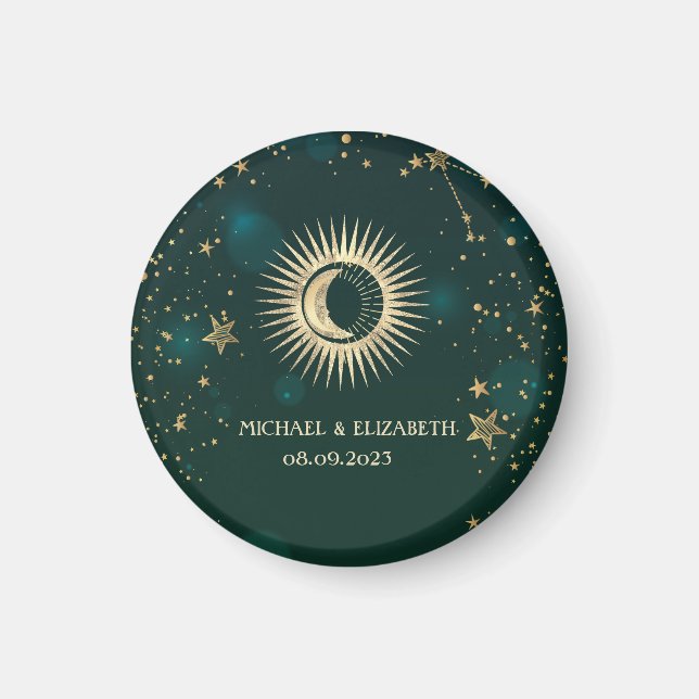 Celestial Guld Sol Och Måne Stjärnor Grön Magnet (Framsidan)