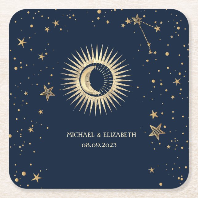 Celestial Guld Sol Och Måne Stjärnor Underlägg Papper Kvadrat (Framsidan)