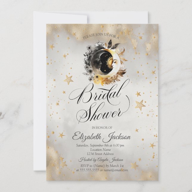 Celestial Guld Stars Måne Flowers Möhippa Inbjudningar (Framsida)