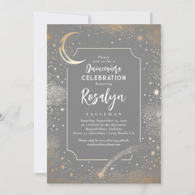 Celestial Guld Stars och Måne Night Quinceanera Inbjudningar (Framsida)