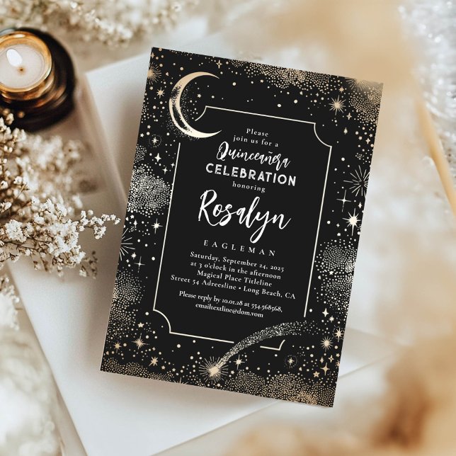 Celestial Guld Stars och Måne Night Quinceanera Inbjudningar (Black Quinceanera Invitations)