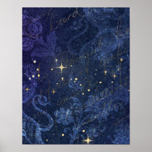 Celestial guld stjärnor blå blommigt flockad poster
