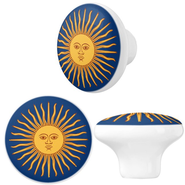 Celestial Gult Sunshine Ansikte på Blue Elegant Knopp (Celestial sunburst ceramic furniture, cupboard or drawer pull knobs will add style and warmth!)